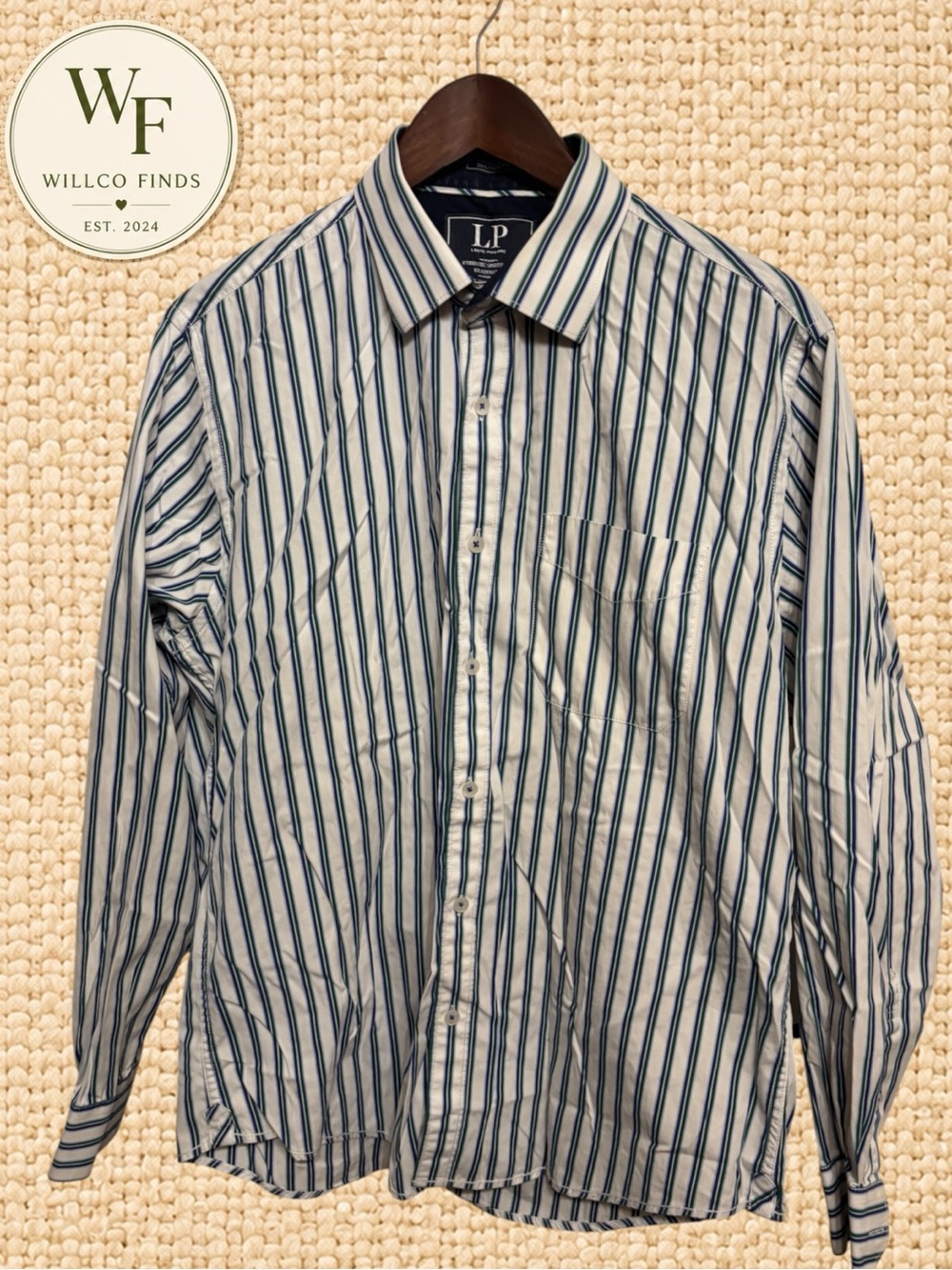 Louis Philippe Men’s Tailored Fit Striped Dress Shirt Size 44 Blue Green White